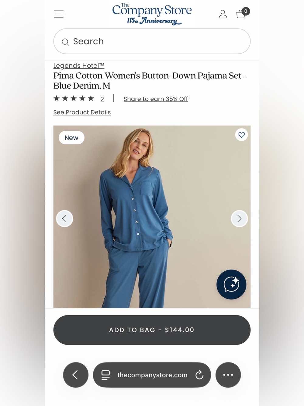 The Company Store Pima Cotton Button-Down Pajama Set - Blue Denim